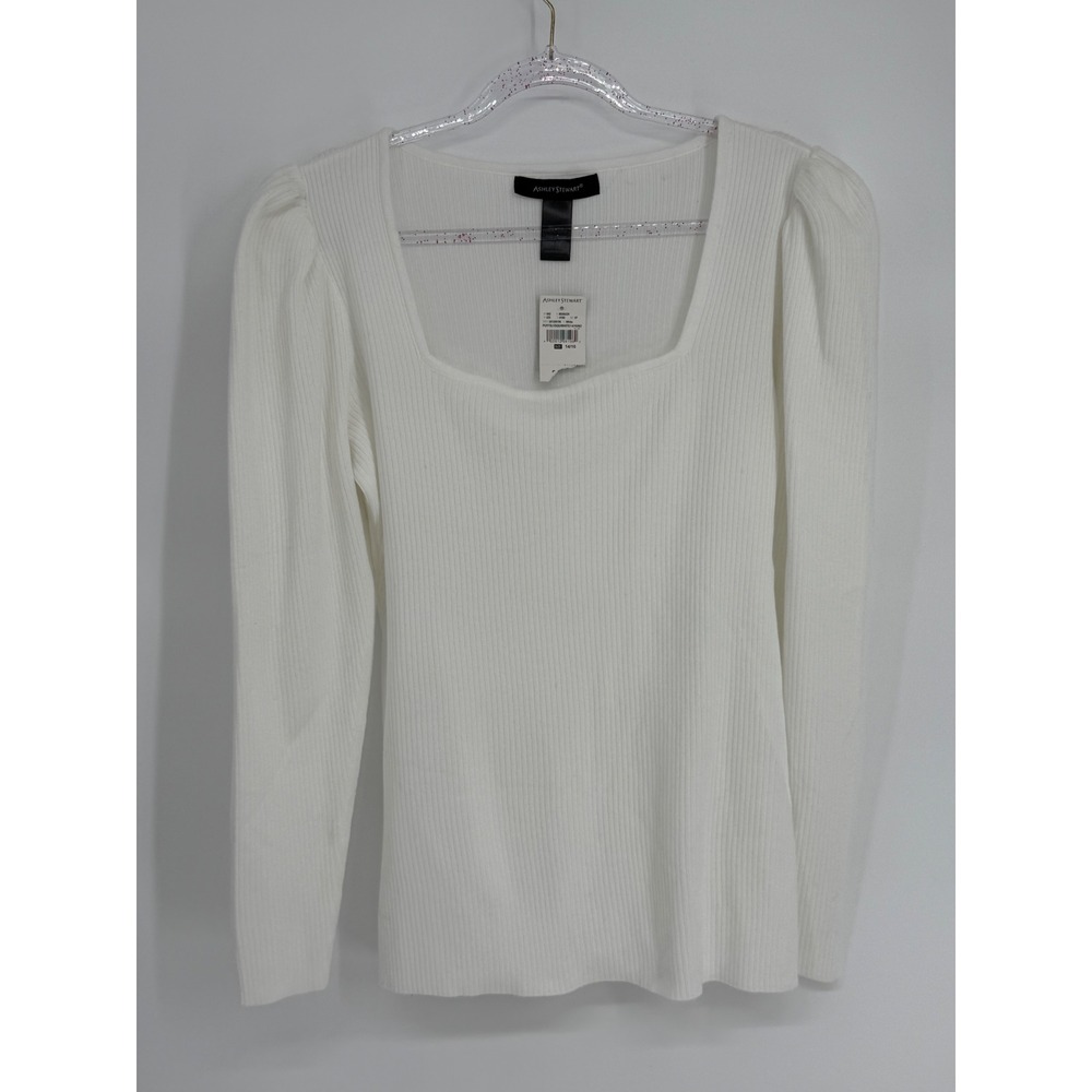 Ashley Stewart Womens White Ribbed Square Neck Puff Sleeve Top Sz 14/16 NEW